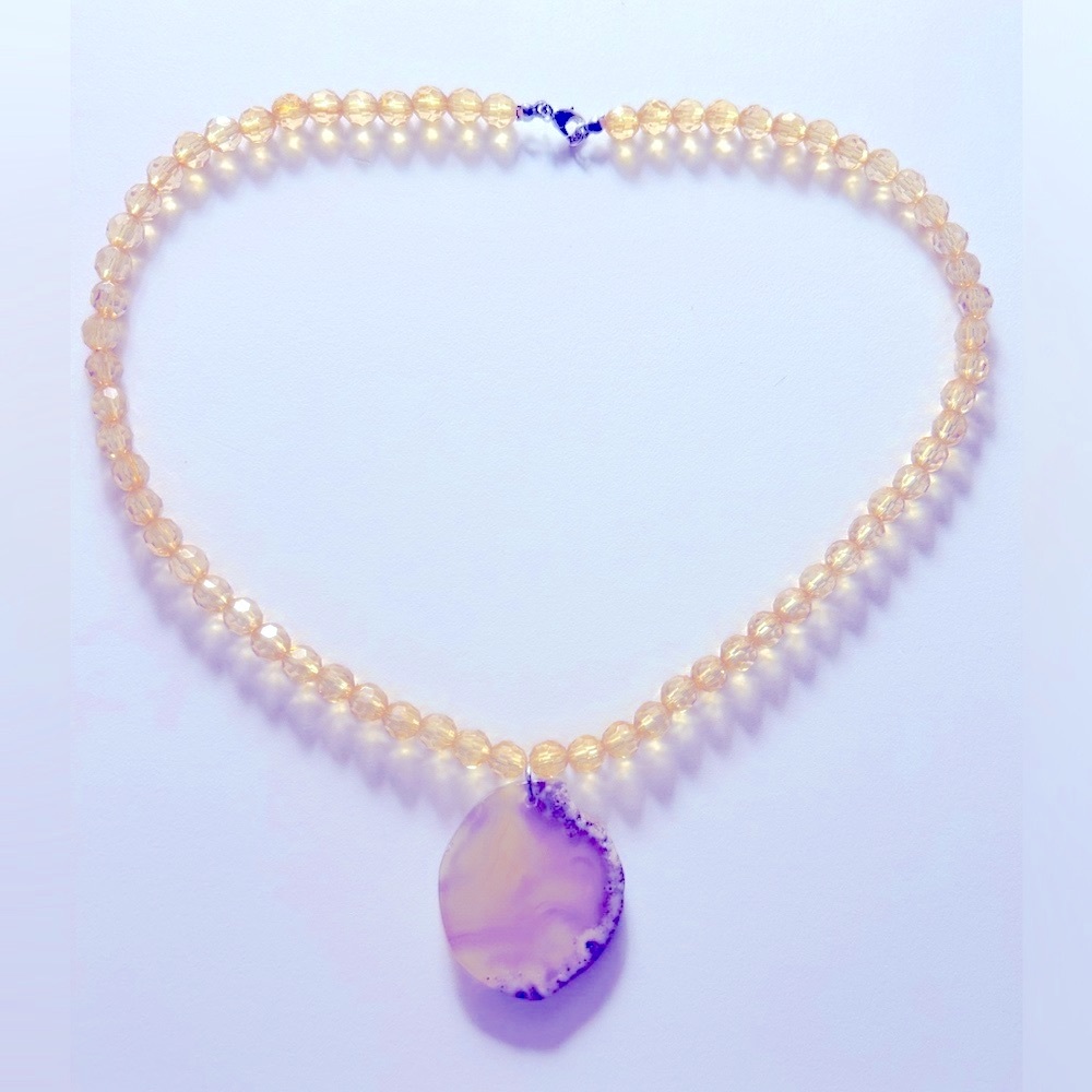 Vintage Necklace Sunshine Yellow banded Agate stone slice faceted plastic beads